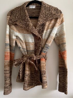 Vintage Multi-Stripe Brown Shawl Collar Belted Sweater Cardigan